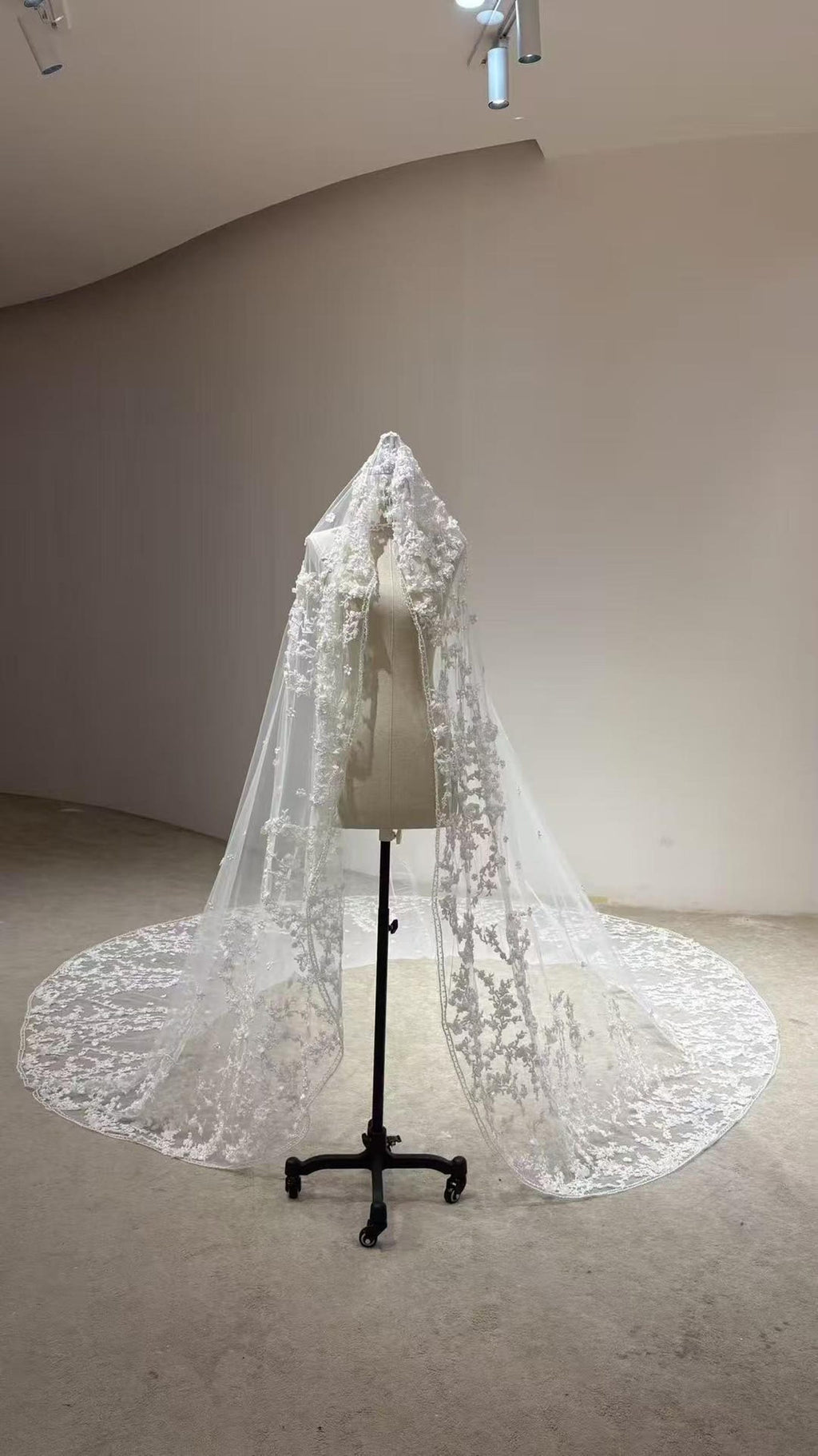 Cathedral Lace Wedding Veil, 3D Floral Appliqué Bridal Veil, Long Lace Edge Chapel Veil With Train