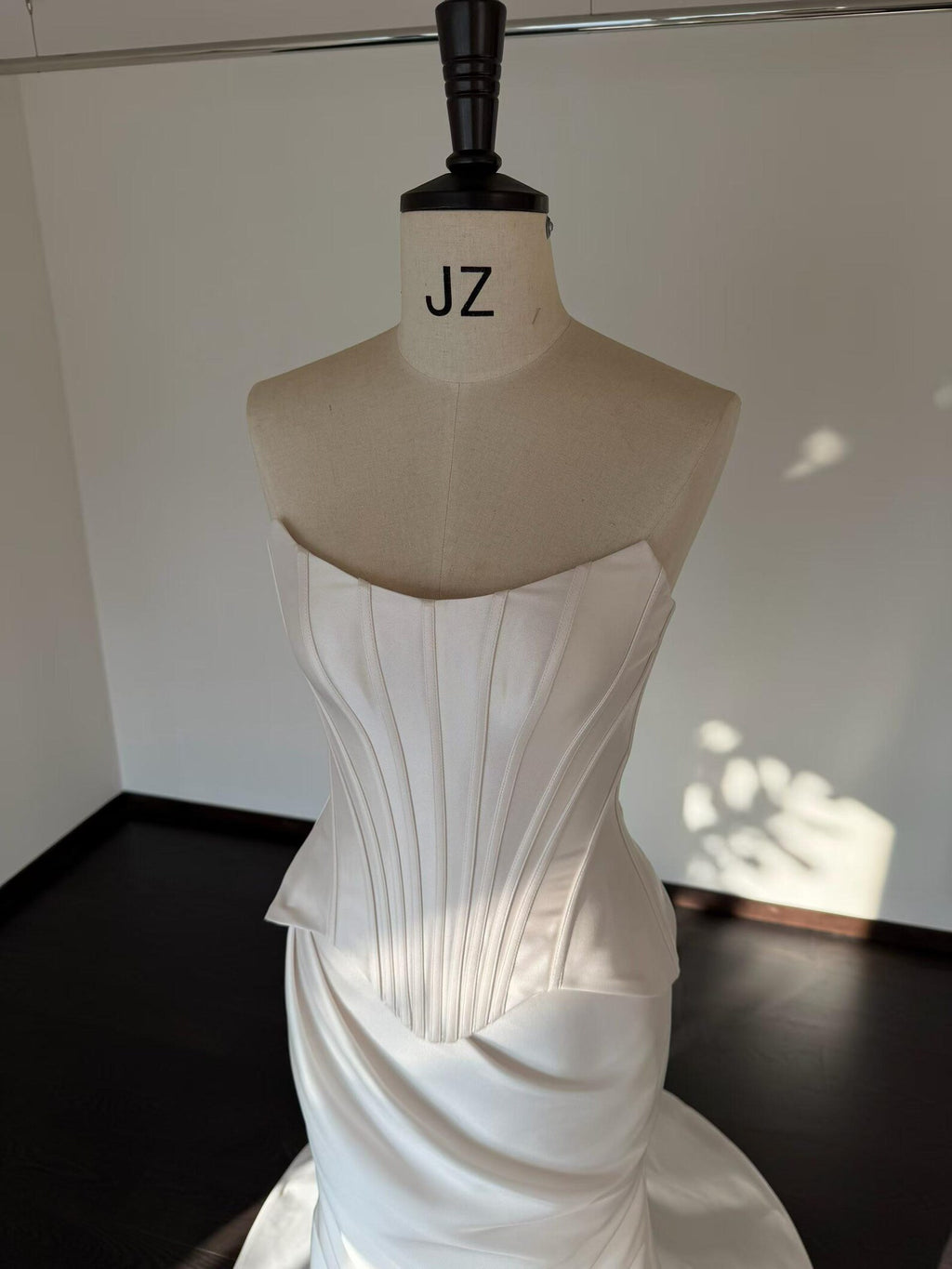 Strapless Corset Mikado Satin Mermaid Wedding Dress, Pleated Bodice Draped Skirt Bridal Gown