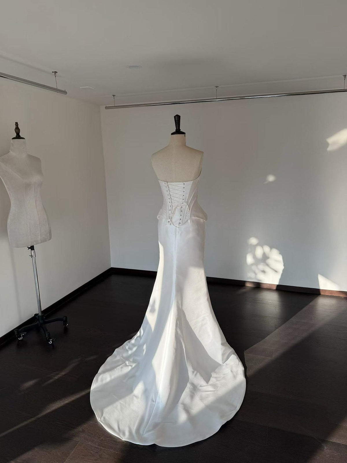 Strapless Corset Mikado Satin Mermaid Wedding Dress, Pleated Bodice Draped Skirt Bridal Gown