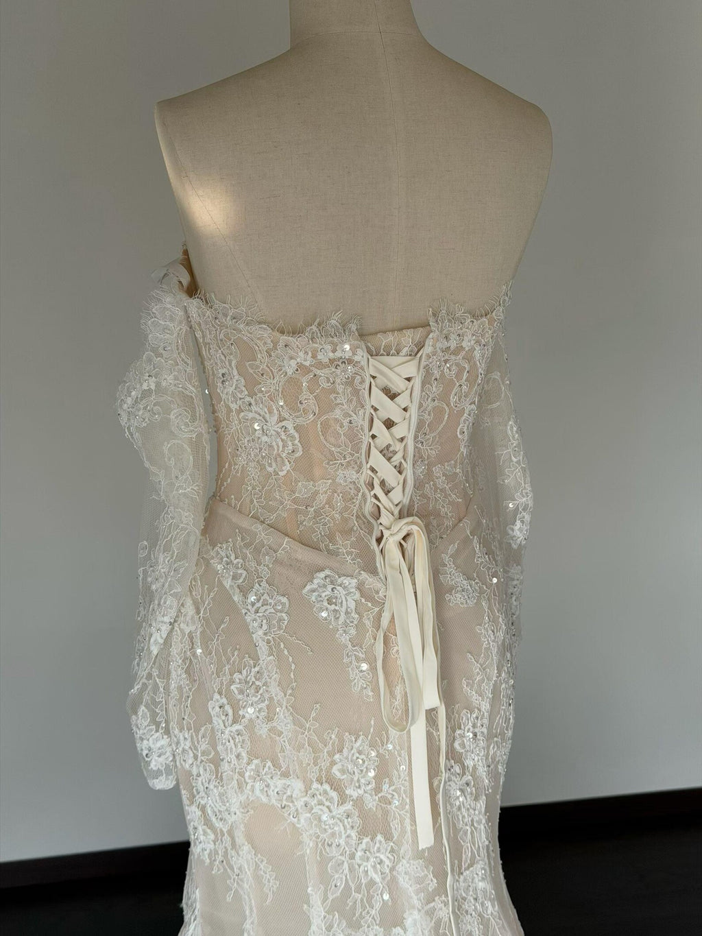 Strapless Off Shoulder Lace Mermaid Wedding Dress, Detachable Long Sleeve Sheer Corset Bridal Gown