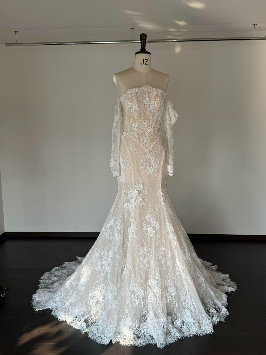 Strapless Off Shoulder Lace Mermaid Wedding Dress, Detachable Long Sleeve Sheer Corset Bridal Gown