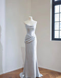 Strapless Draped Satin Mermaid Evening Gown, Light Blue Gray Formal Wedding Reception Dress