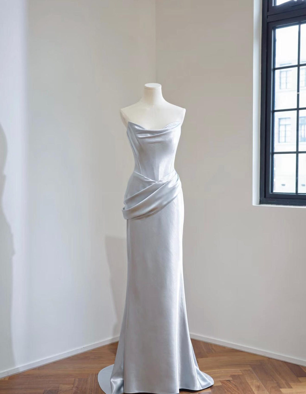 Strapless Draped Satin Mermaid Evening Gown, Light Blue Gray Formal Wedding Reception Dress