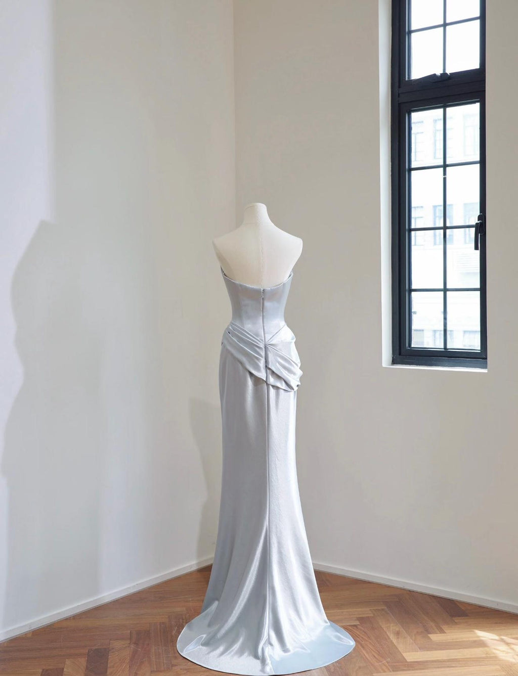 Strapless Draped Satin Mermaid Evening Gown, Light Blue Gray Formal Wedding Reception Dress