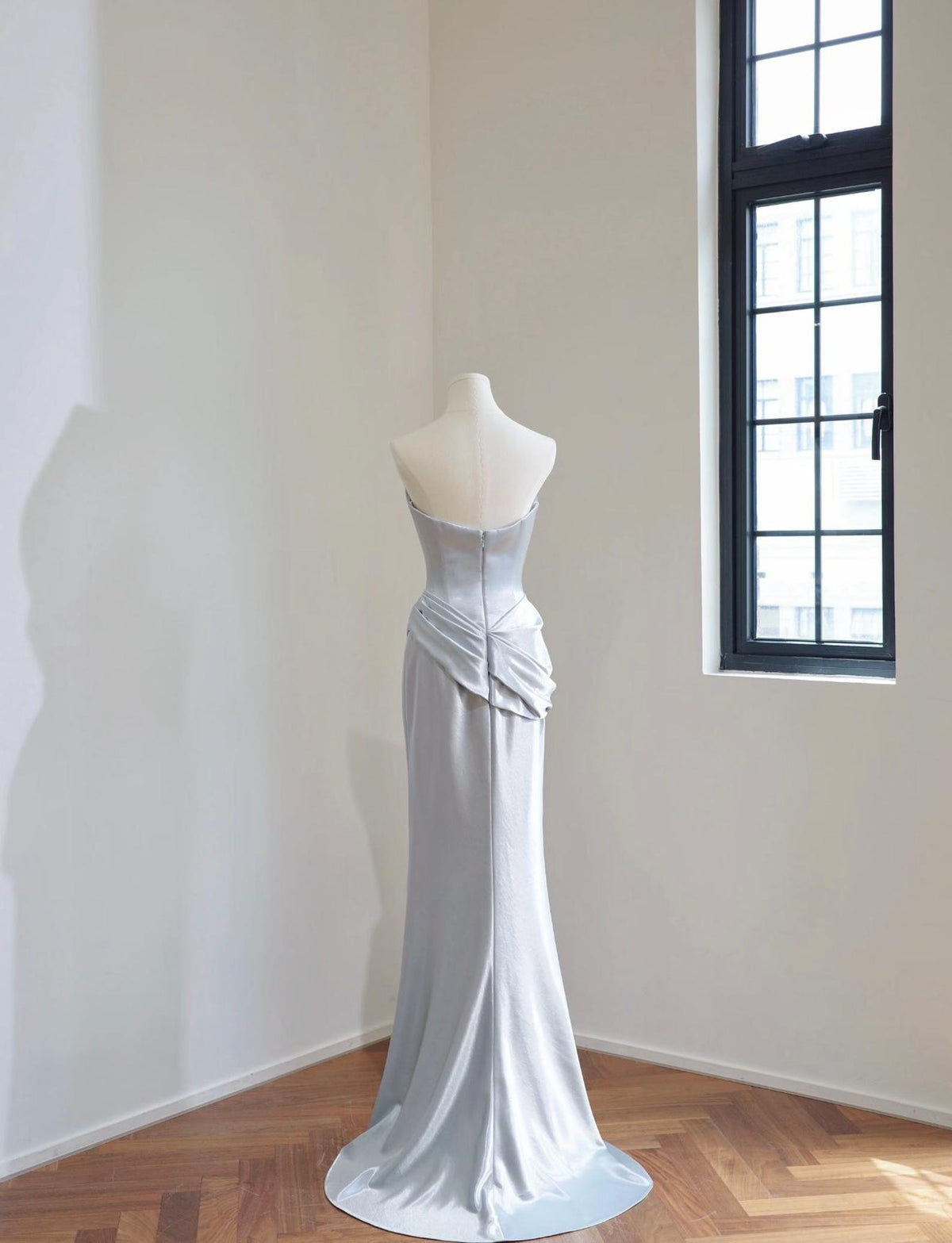 Strapless Draped Satin Mermaid Evening Gown, Light Blue Gray Formal Wedding Reception Dress