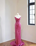 Spaghetti Strap Cowl Neck Sequin Satin Mermaid Evening Gown, Fuchsia Pink Formal Dress With Train