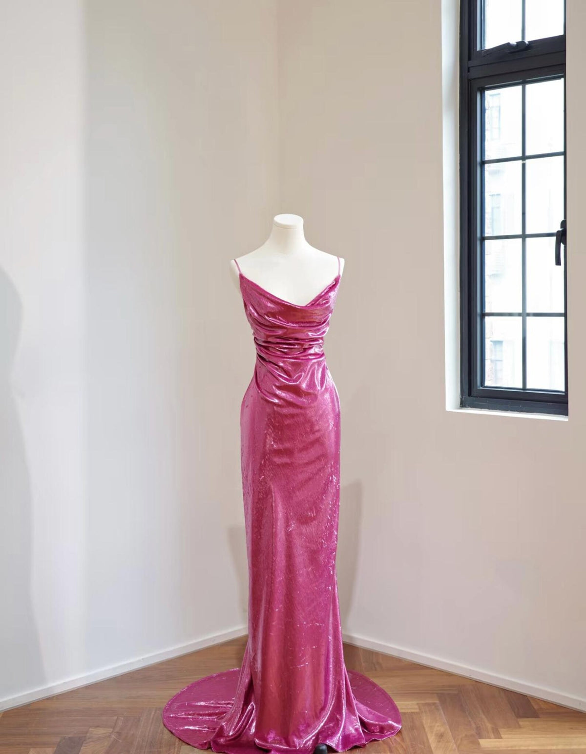 Spaghetti Strap Cowl Neck Sequin Satin Mermaid Evening Gown, Fuchsia Pink Formal Dress With Train