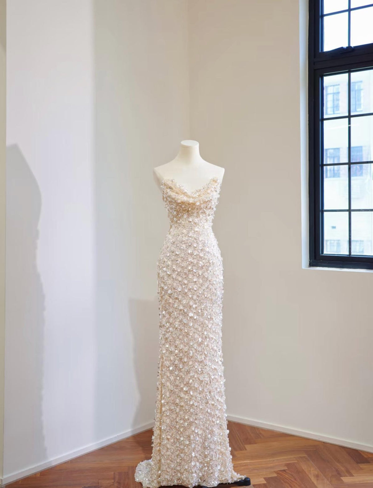 Strapless Cowl Neck 3D Floral Beaded Mermaid Evening Gown, Champagne Sparkly Formal Dress With Train
