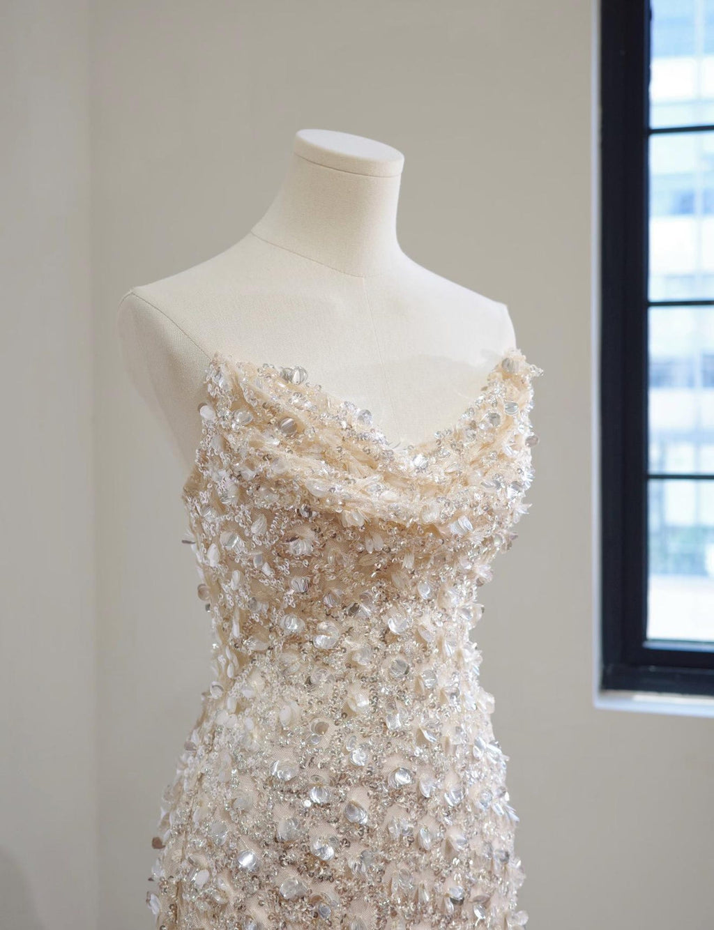 Strapless Cowl Neck 3D Floral Beaded Mermaid Evening Gown, Champagne Sparkly Formal Dress With Train