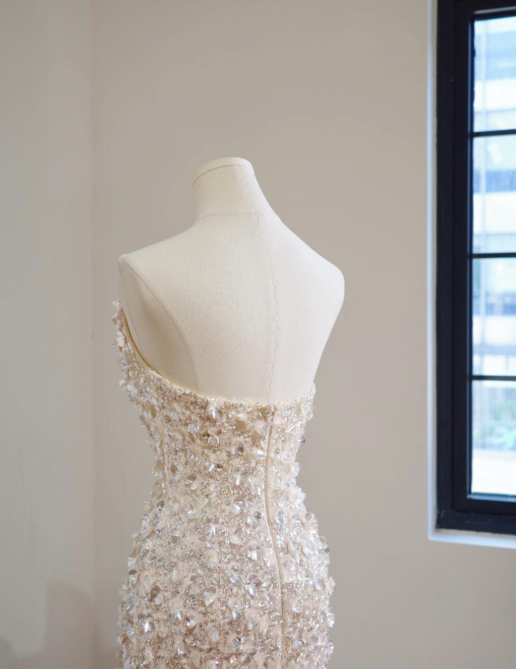 Strapless Cowl Neck 3D Floral Beaded Mermaid Evening Gown, Champagne Sparkly Formal Dress With Train
