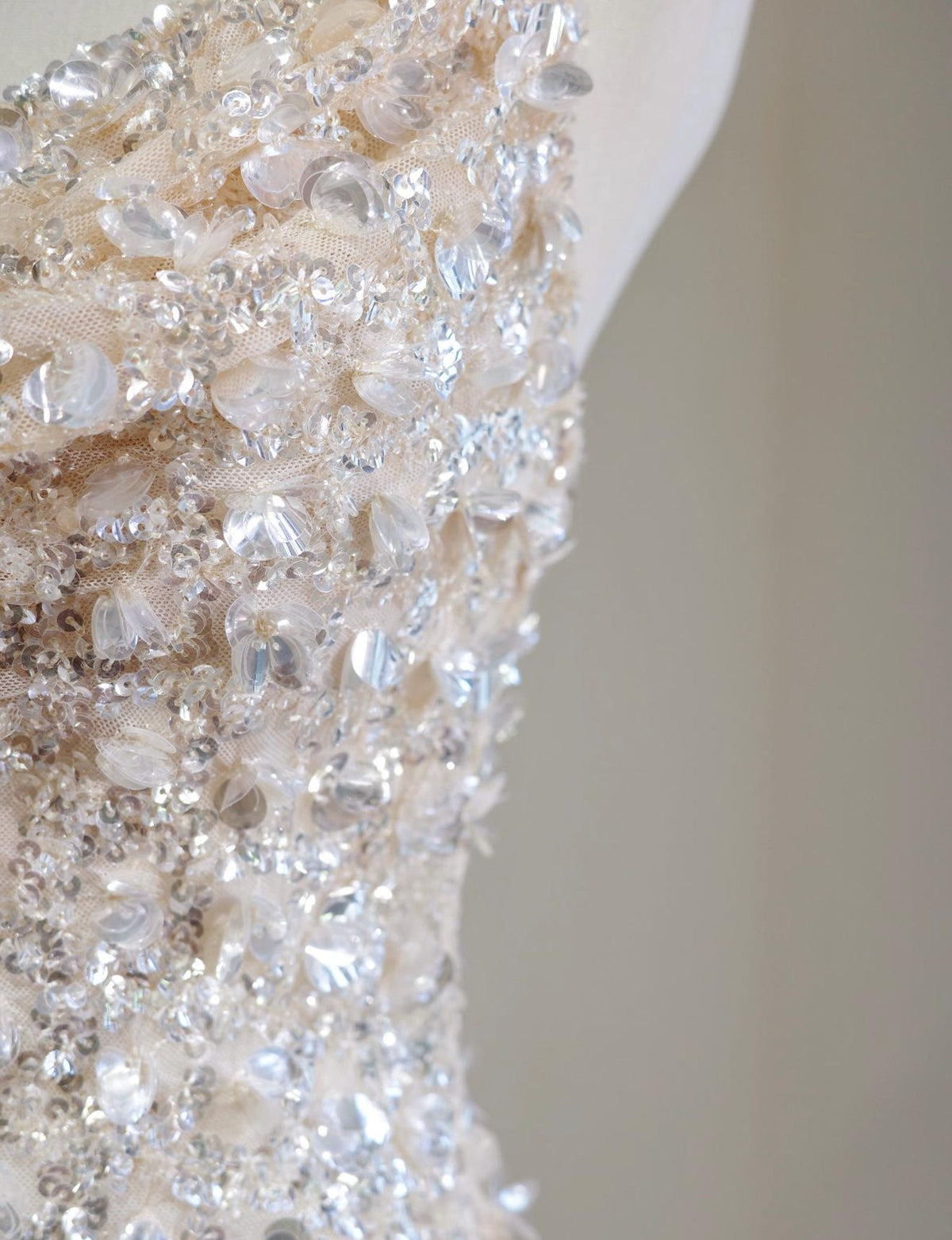 Strapless Cowl Neck 3D Floral Beaded Mermaid Evening Gown, Champagne Sparkly Formal Dress With Train