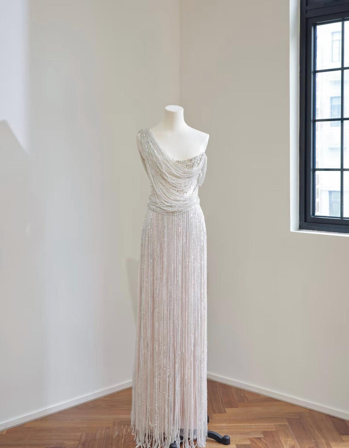 One Shoulder Draped Beaded Fringe Evening Gown, Silver Sparkly Tassel Long Formal Party Dress