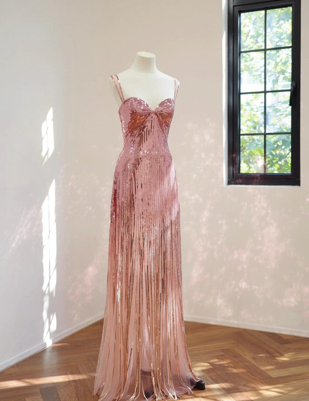 Spaghetti Strap Sweetheart Neck Sequin Fringe Evening Gown, Dusty Pink Long Sparkly Formal Party Dress