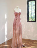 Spaghetti Strap Sweetheart Neck Sequin Fringe Evening Gown, Dusty Pink Long Sparkly Formal Party Dress