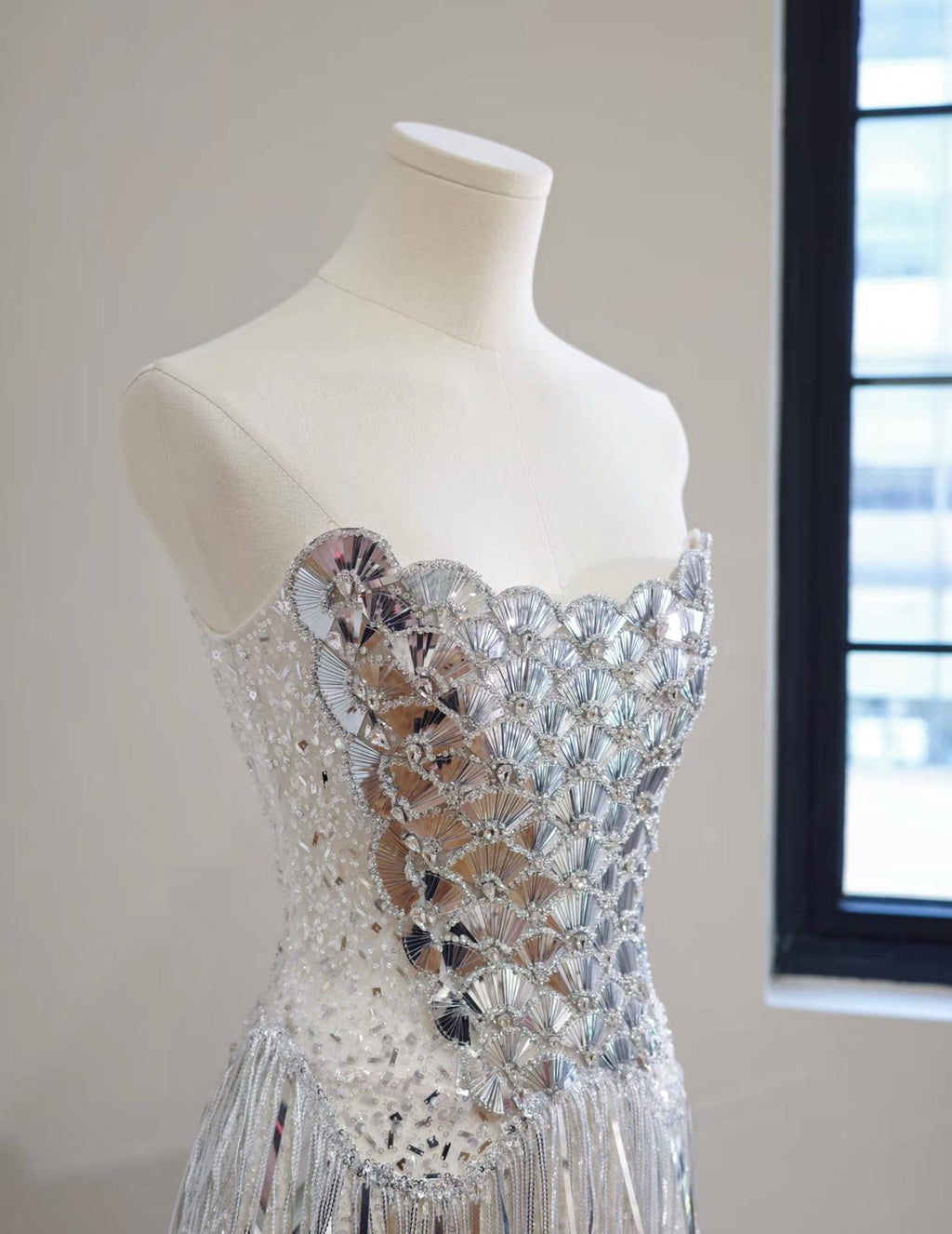 Strapless Silver Mirror Sequin Fringe Evening Gown, Chevron Tassel Long Sparkly Formal Party Dress