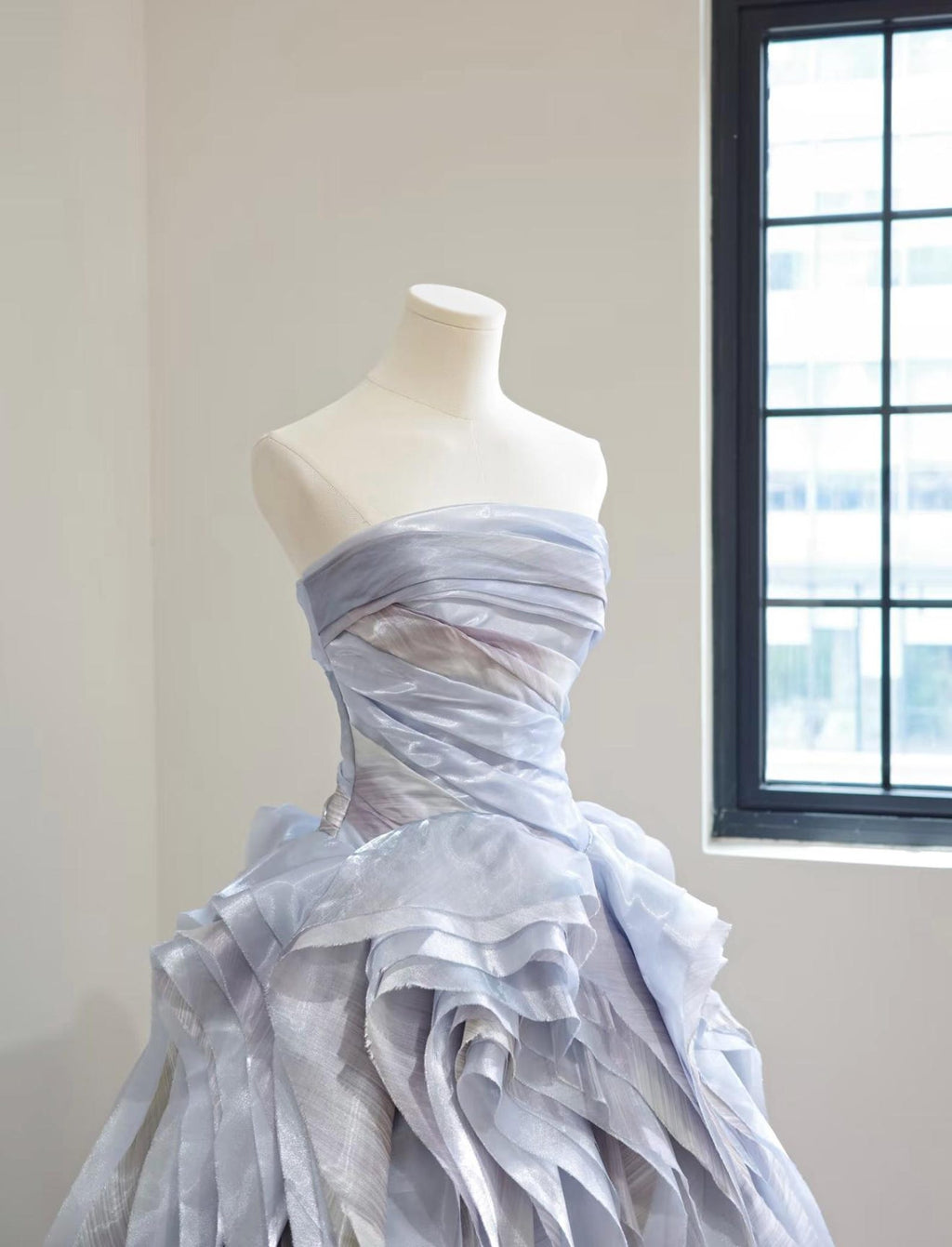 Strapless Dusty Lavender Organza Ball Gown, 3D Ruffled Flowing Ribbon Skirt Formal Evening Dress