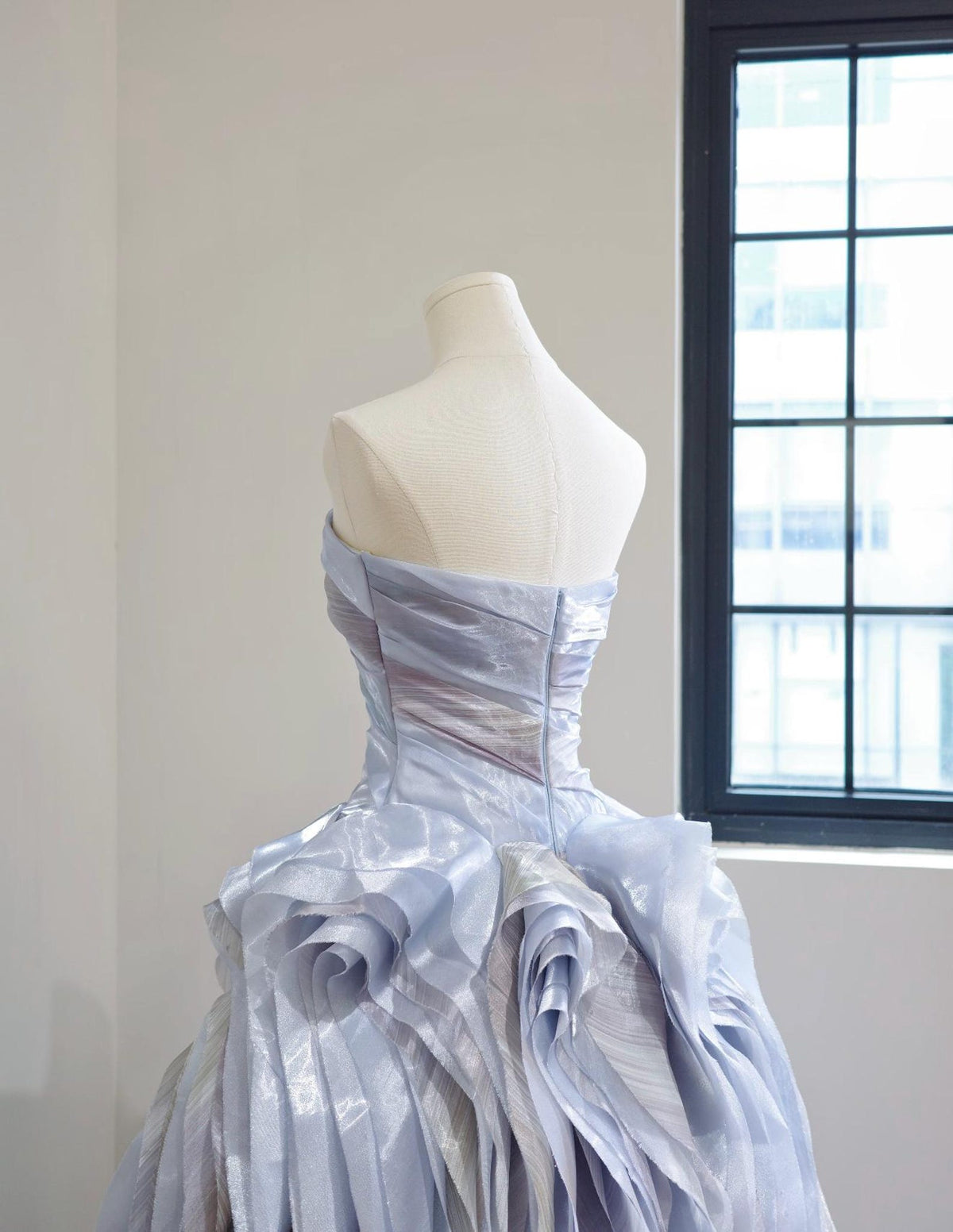Strapless Dusty Lavender Organza Ball Gown, 3D Ruffled Flowing Ribbon Skirt Formal Evening Dress