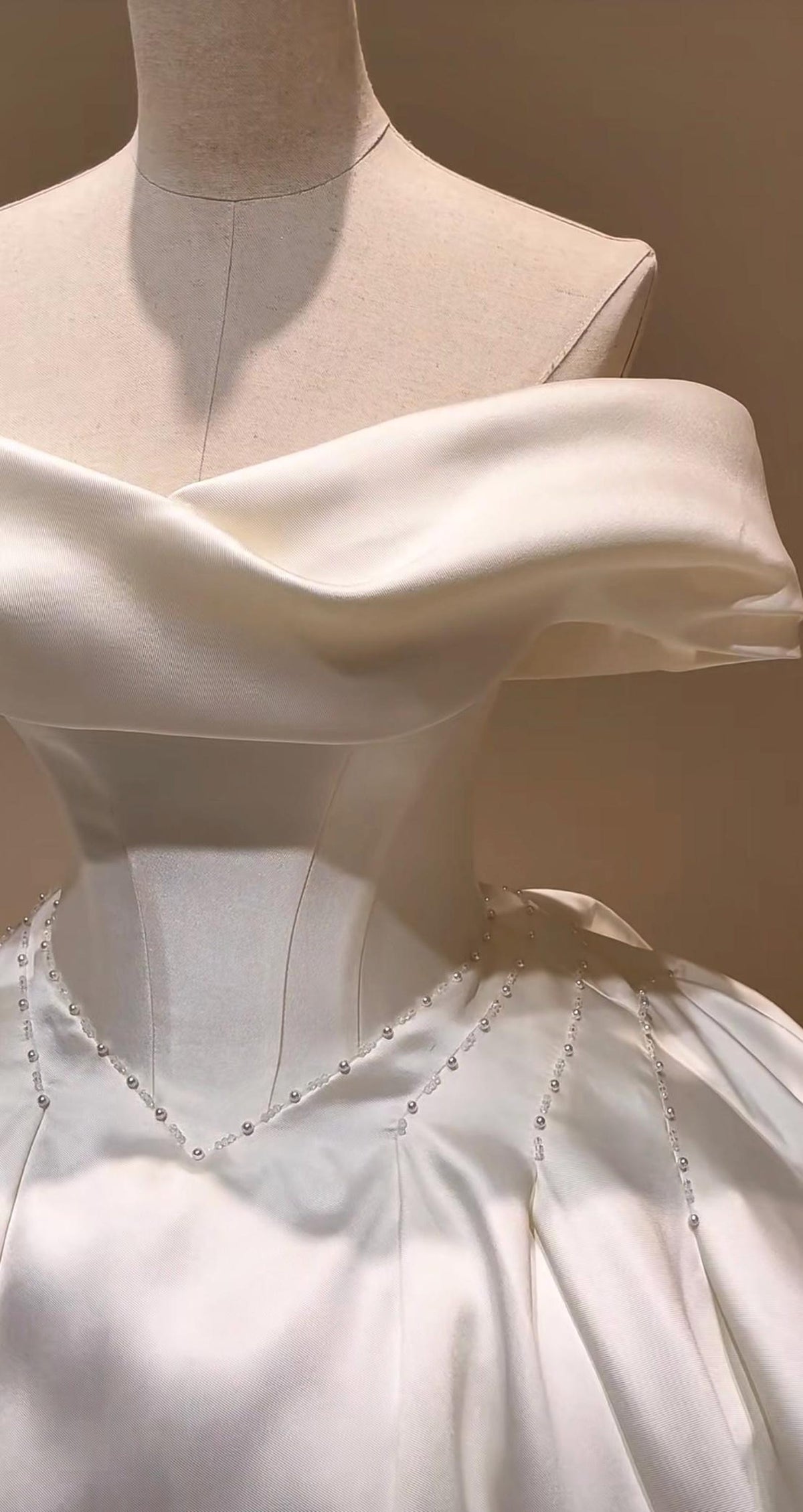 Off Shoulder Fold Satin Ball Gown Wedding Dress, Voluminous Luxury Satin Bridal Gown