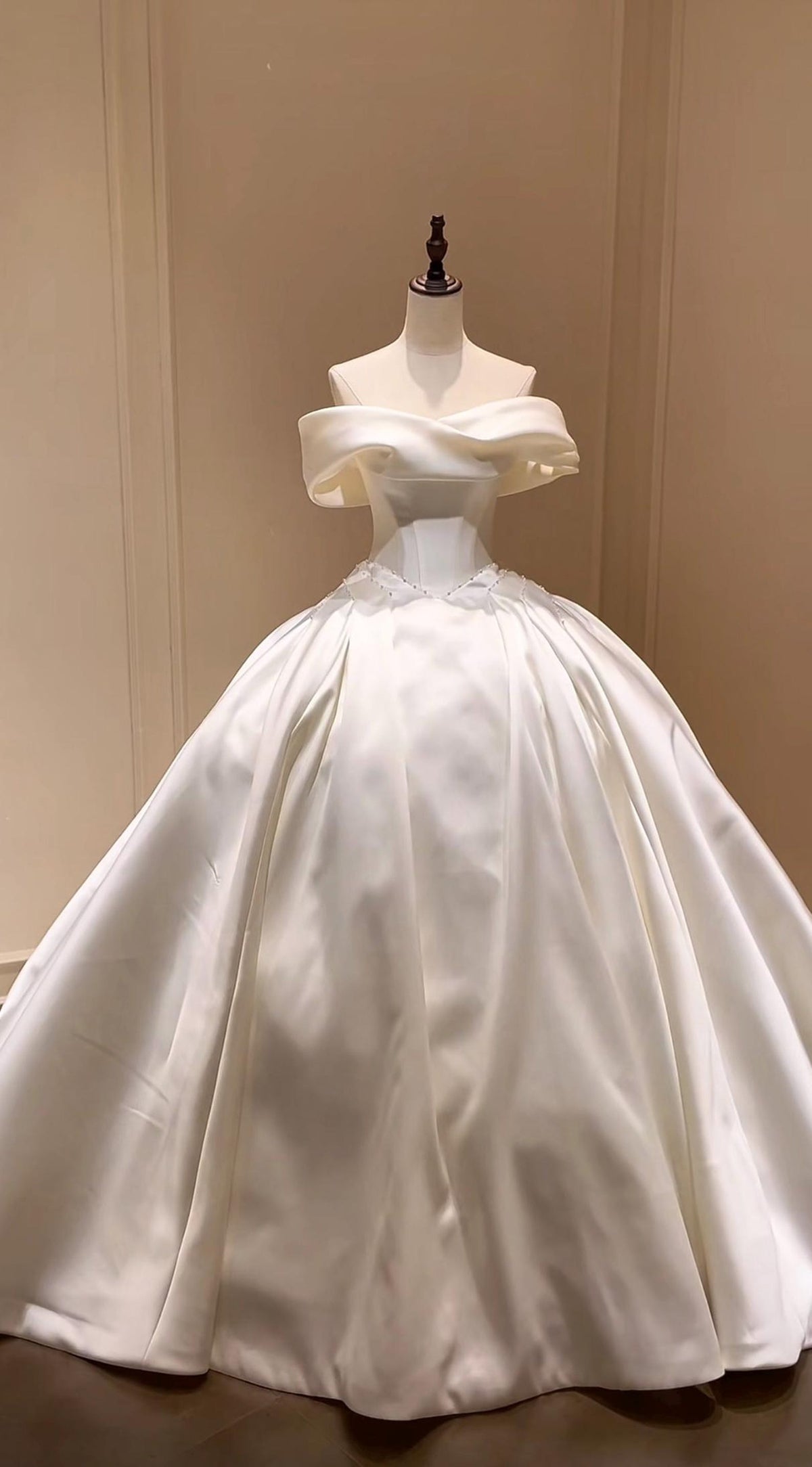 Off Shoulder Fold Satin Ball Gown Wedding Dress, Voluminous Luxury Satin Bridal Gown