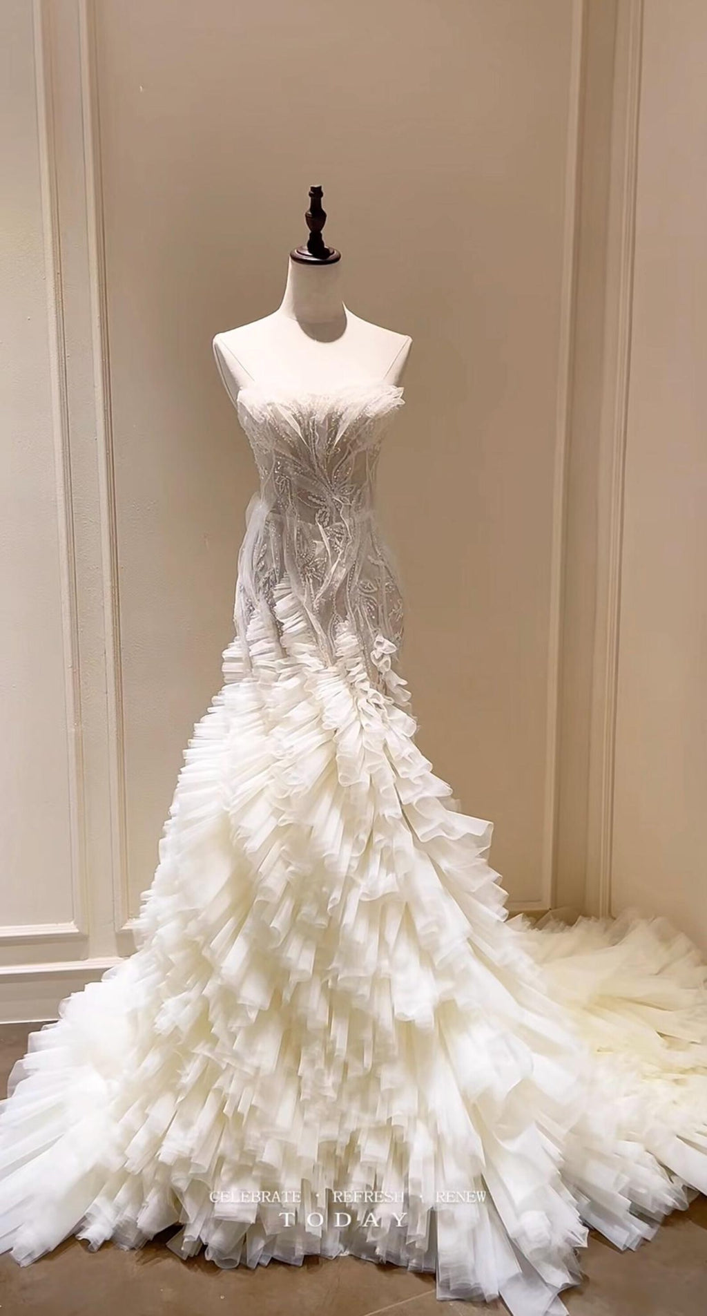 Strapless Sheer Beaded Lace Mermaid Wedding Gown, Ruffled Tulle Fitted Bridal Dress