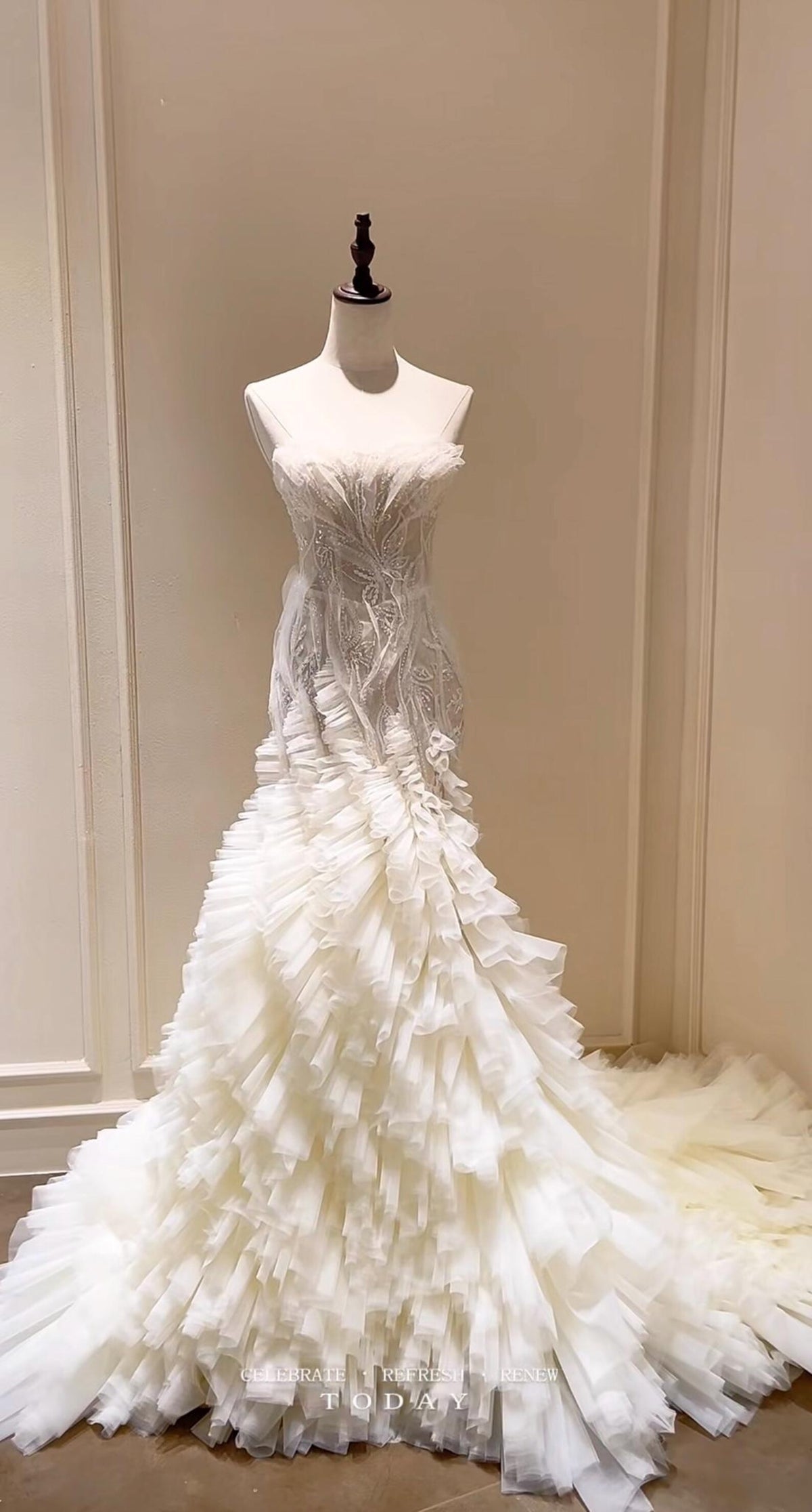 Strapless Sheer Beaded Lace Mermaid Wedding Gown, Ruffled Tulle Fitted Bridal Dress