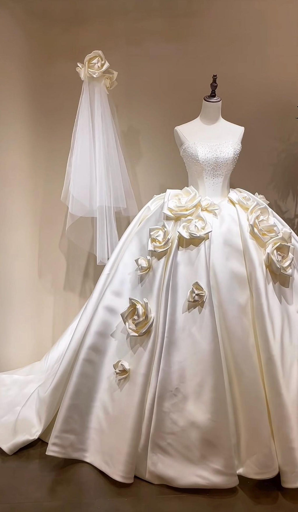 Strapless Beaded Satin Ball Gown Wedding Dress, 3D Large Satin Rose Floral Voluminous Bridal Gown