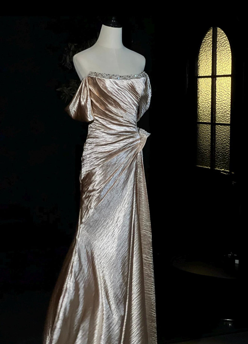 Off Shoulder Ruched Shimmer Satin Mermaid Evening Gown, Crystal Trim Champagne Formal Dress