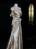 Off Shoulder Ruched Shimmer Satin Mermaid Evening Gown, Crystal Trim Champagne Formal Dress