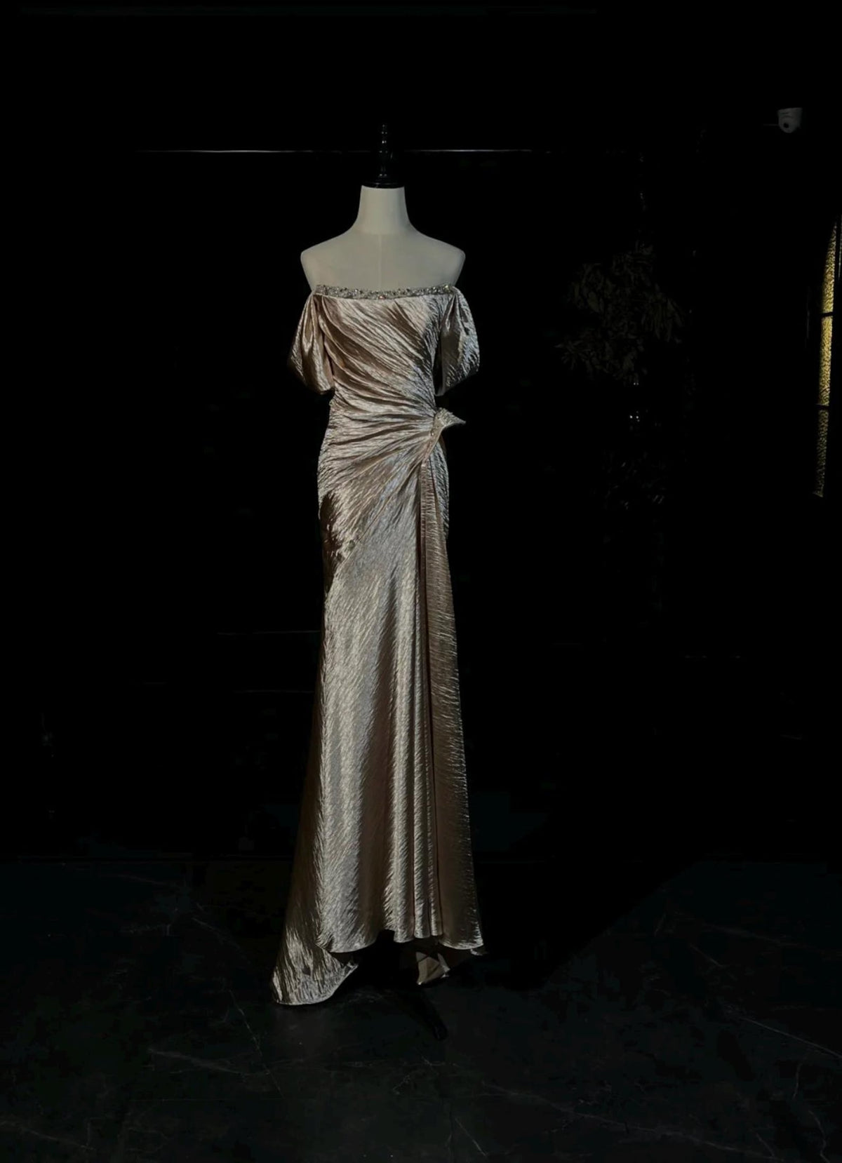 Off Shoulder Ruched Shimmer Satin Mermaid Evening Gown, Crystal Trim Champagne Formal Dress