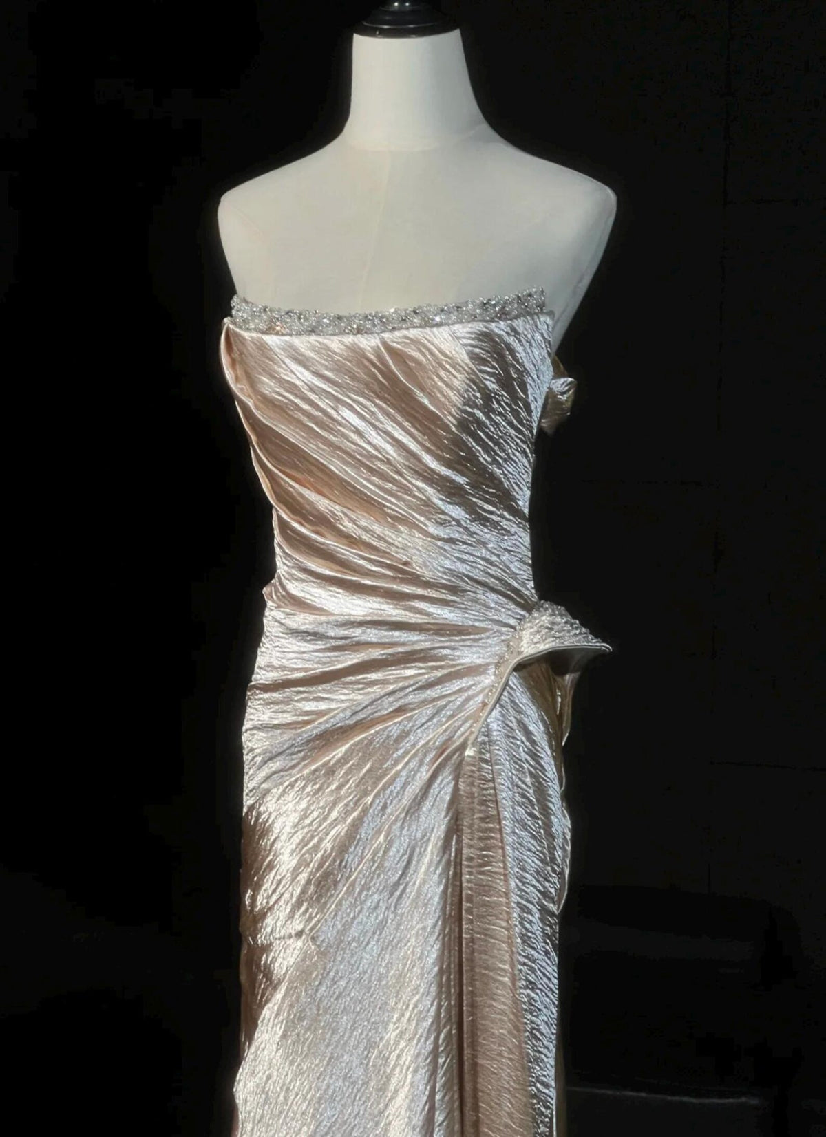 Off Shoulder Ruched Shimmer Satin Mermaid Evening Gown, Crystal Trim Champagne Formal Dress