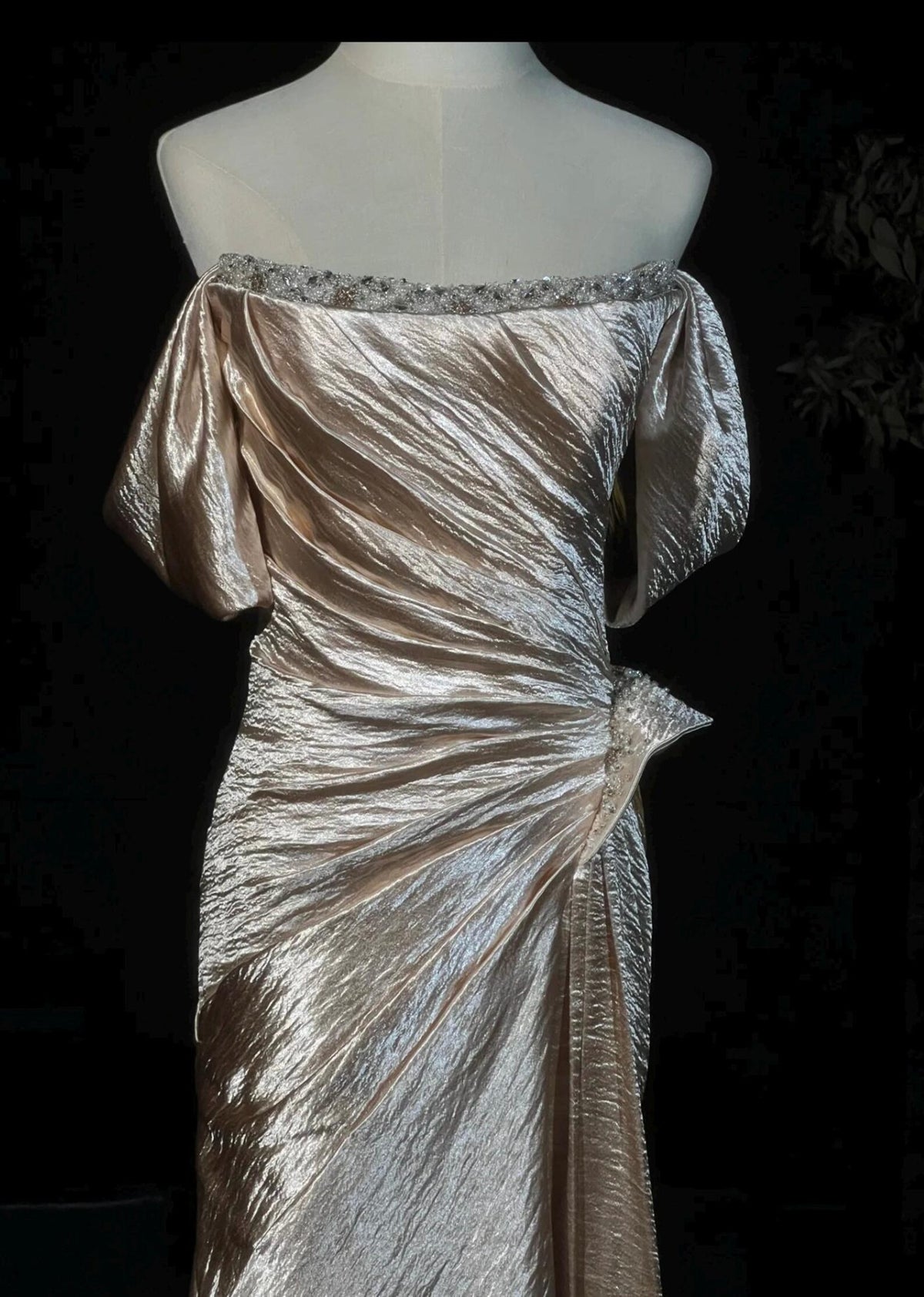 Off Shoulder Ruched Shimmer Satin Mermaid Evening Gown, Crystal Trim Champagne Formal Dress