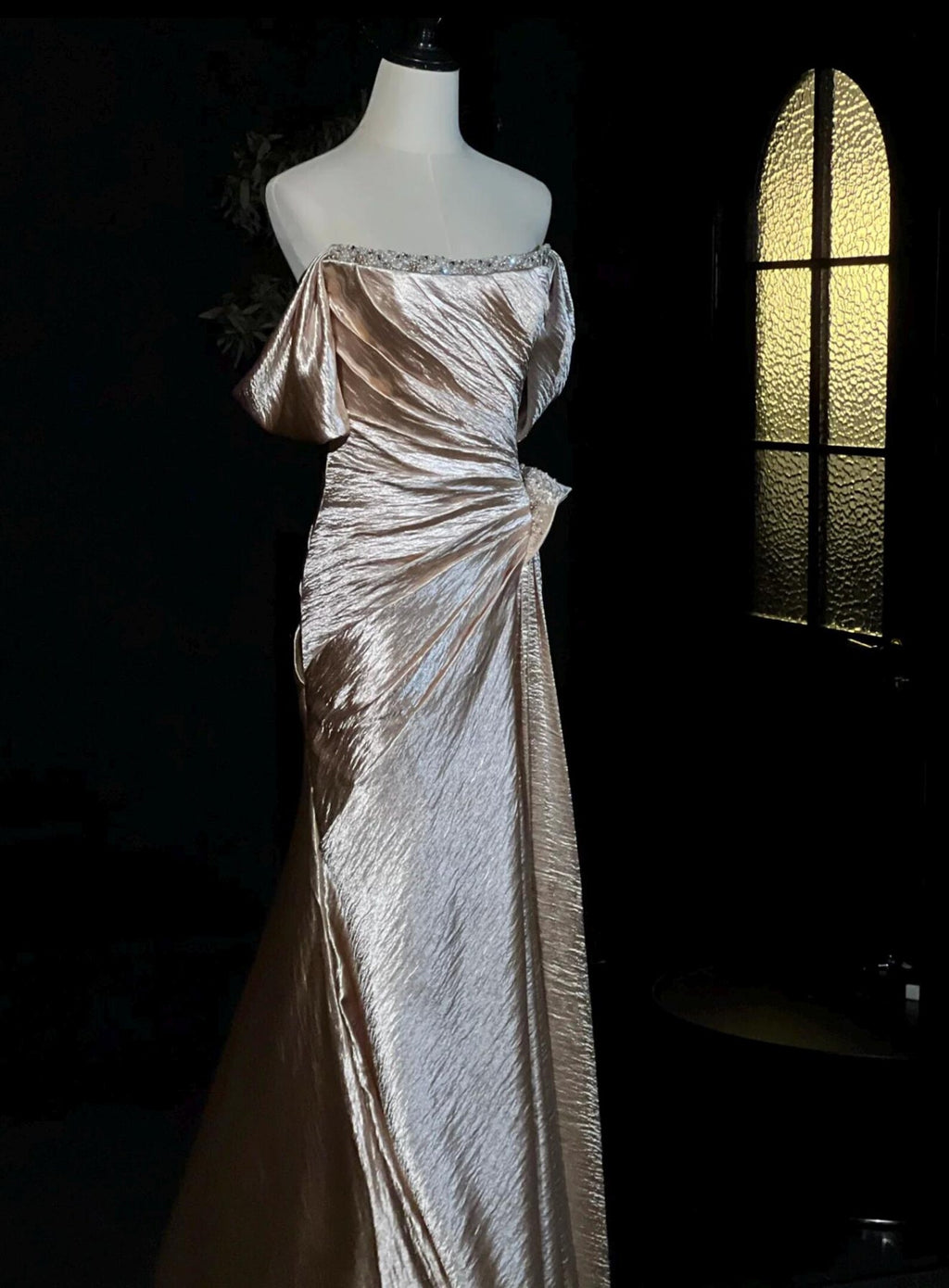 Off Shoulder Ruched Shimmer Satin Mermaid Evening Gown, Crystal Trim Champagne Formal Dress