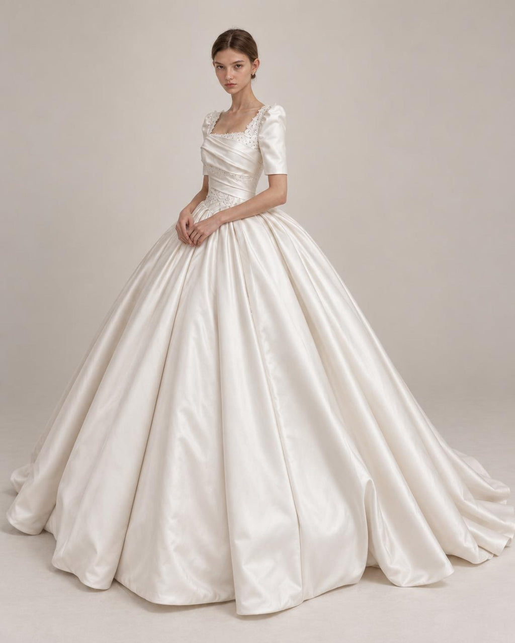 Luxury Satin Ballgown Wedding Dress, Square Neck Puff Sleeve Bridal Gown, Lace Embellished Princess Wedding Dress with Big Bow