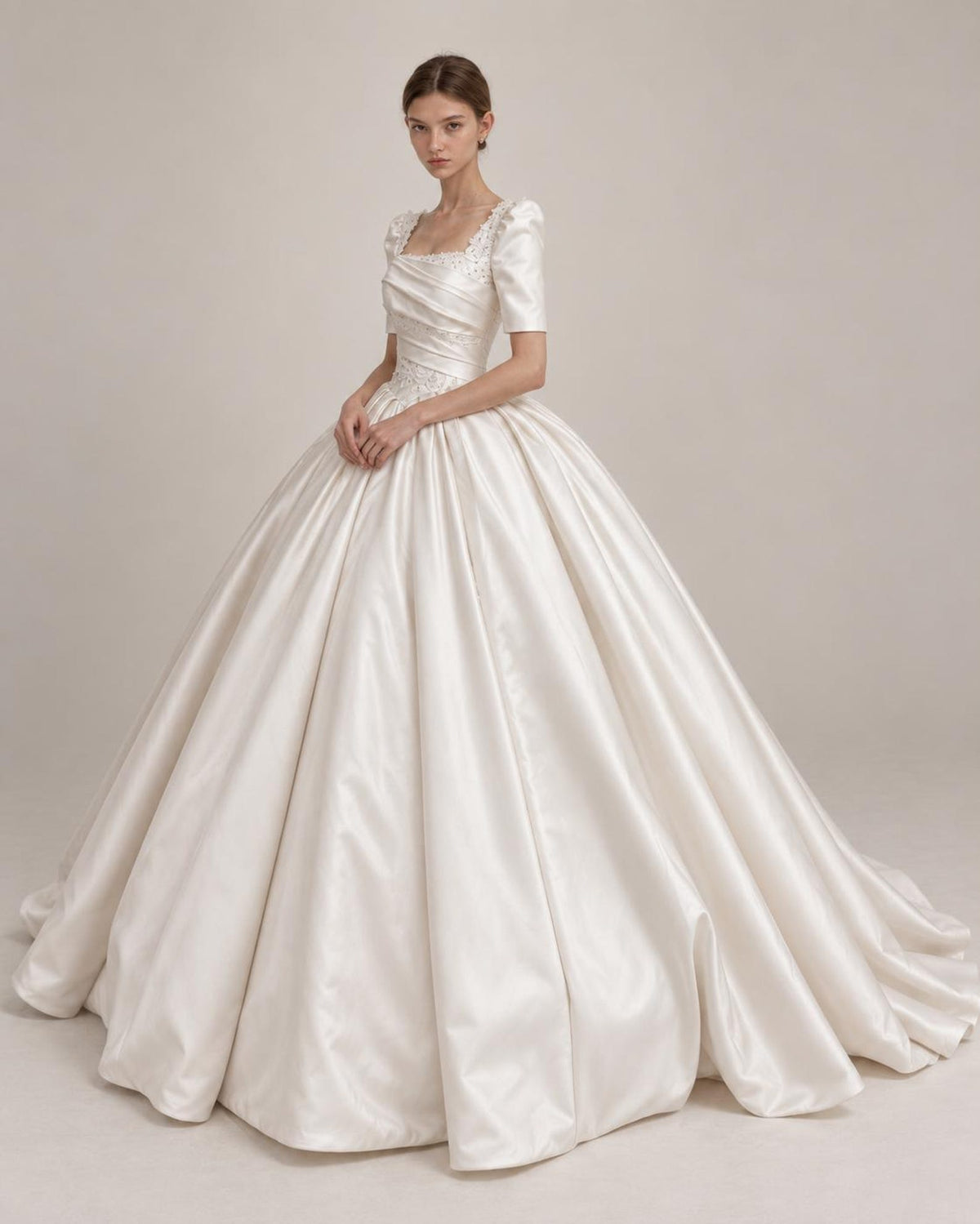 Luxury Satin Ballgown Wedding Dress, Square Neck Puff Sleeve Bridal Gown, Lace Embellished Princess Wedding Dress with Big Bow