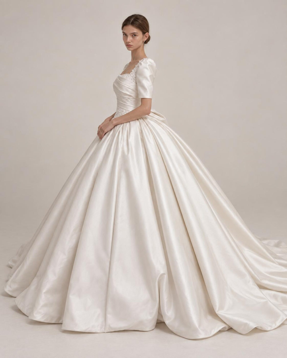 Luxury Satin Ballgown Wedding Dress, Square Neck Puff Sleeve Bridal Gown, Lace Embellished Princess Wedding Dress with Big Bow