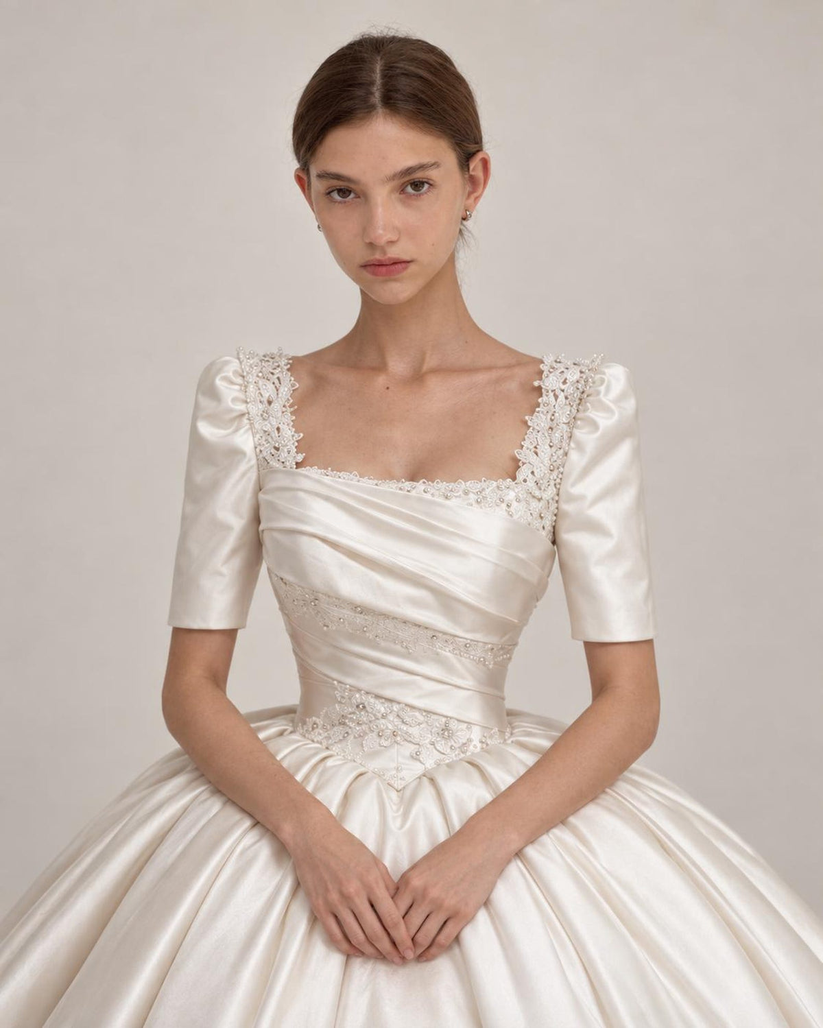 Luxury Satin Ballgown Wedding Dress, Square Neck Puff Sleeve Bridal Gown, Lace Embellished Princess Wedding Dress with Big Bow