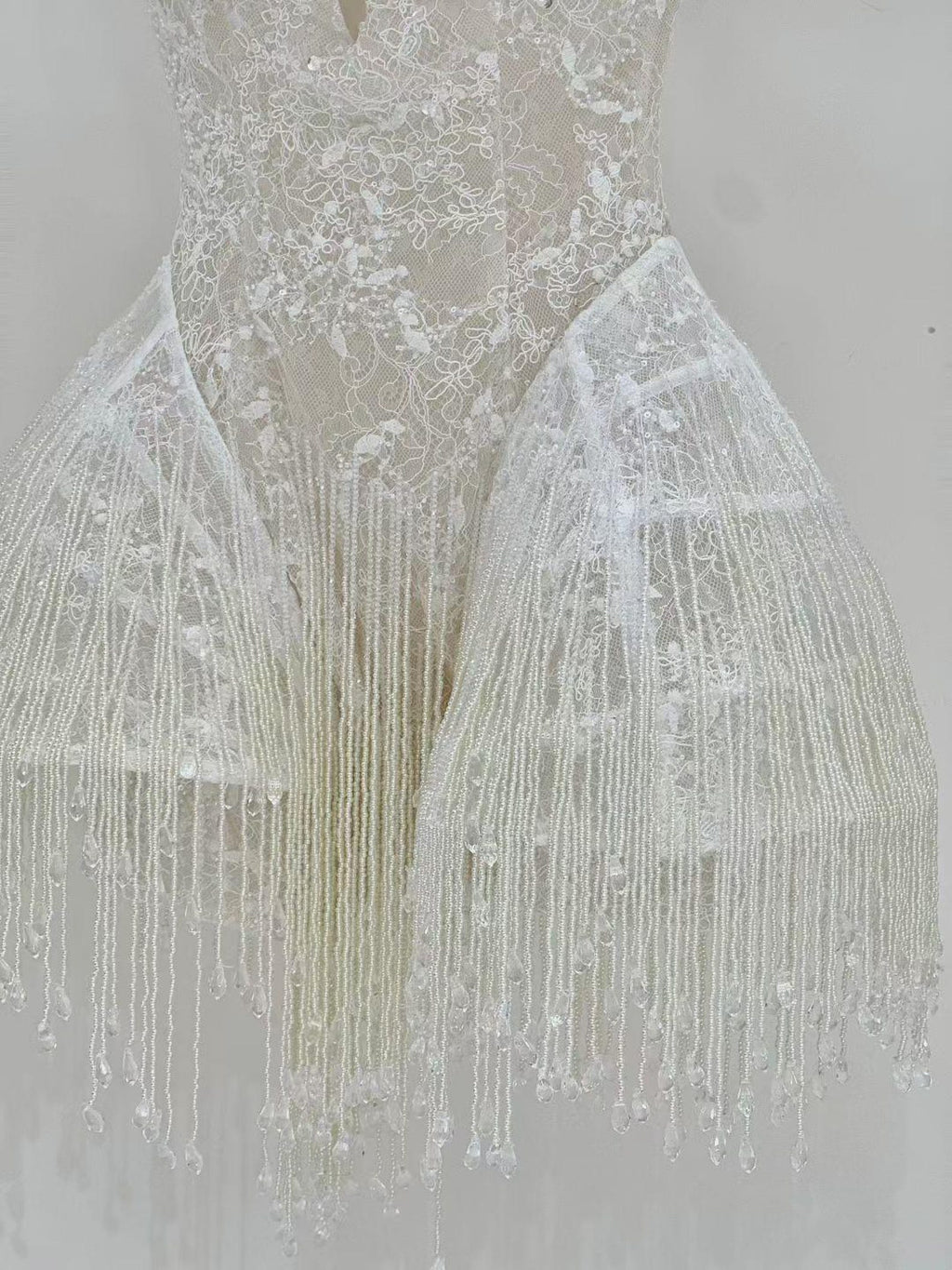 White Beaded Fringe Mini Wedding Dress, Spaghetti Strap Illusion Lace Bridal Reception Dress, Deep V Short Wedding Gown