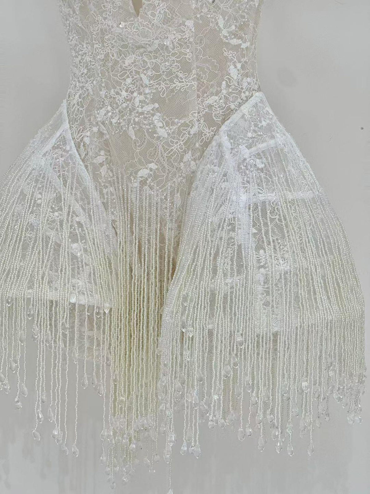 White Beaded Fringe Mini Wedding Dress, Spaghetti Strap Illusion Lace Bridal Reception Dress, Deep V Short Wedding Gown