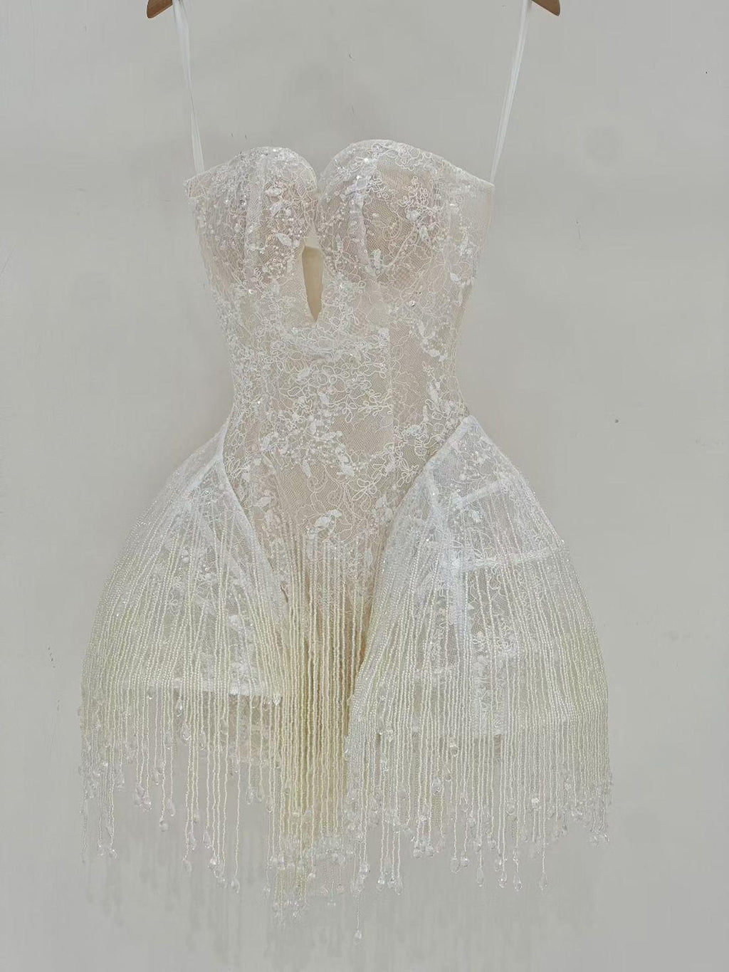 White Beaded Fringe Mini Wedding Dress, Spaghetti Strap Illusion Lace Bridal Reception Dress, Deep V Short Wedding Gown