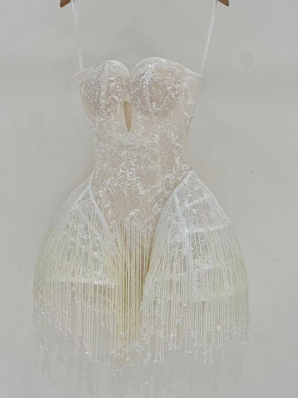 White Beaded Fringe Mini Wedding Dress, Spaghetti Strap Illusion Lace Bridal Reception Dress, Deep V Short Wedding Gown