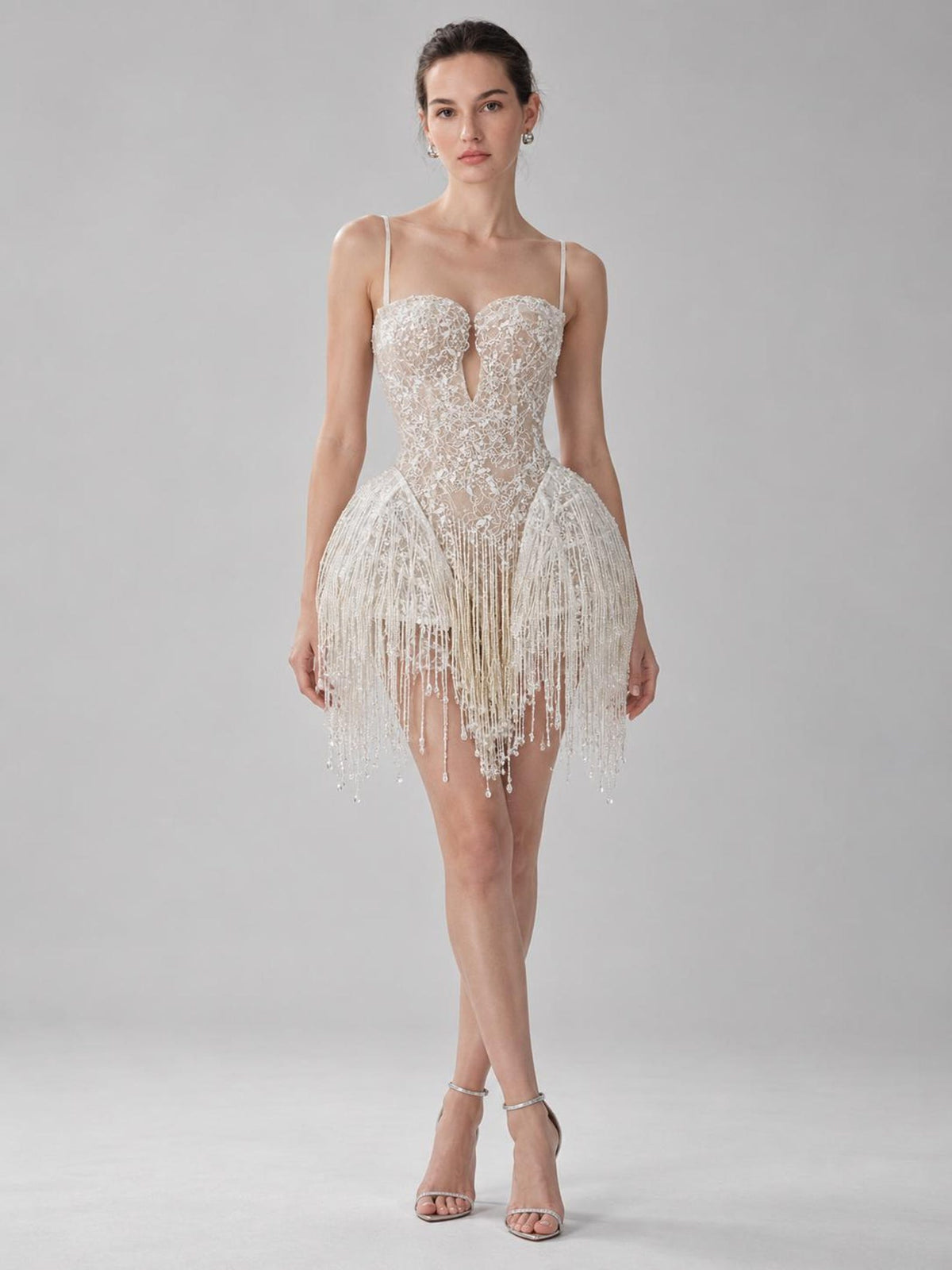 White Beaded Fringe Mini Wedding Dress, Spaghetti Strap Illusion Lace Bridal Reception Dress, Deep V Short Wedding Gown