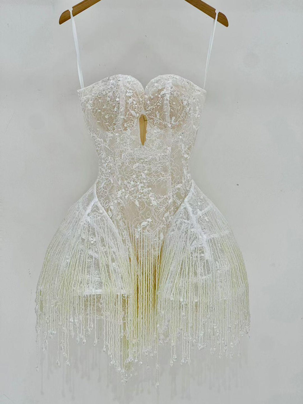 White Beaded Fringe Mini Wedding Dress, Spaghetti Strap Illusion Lace Bridal Reception Dress, Deep V Short Wedding Gown