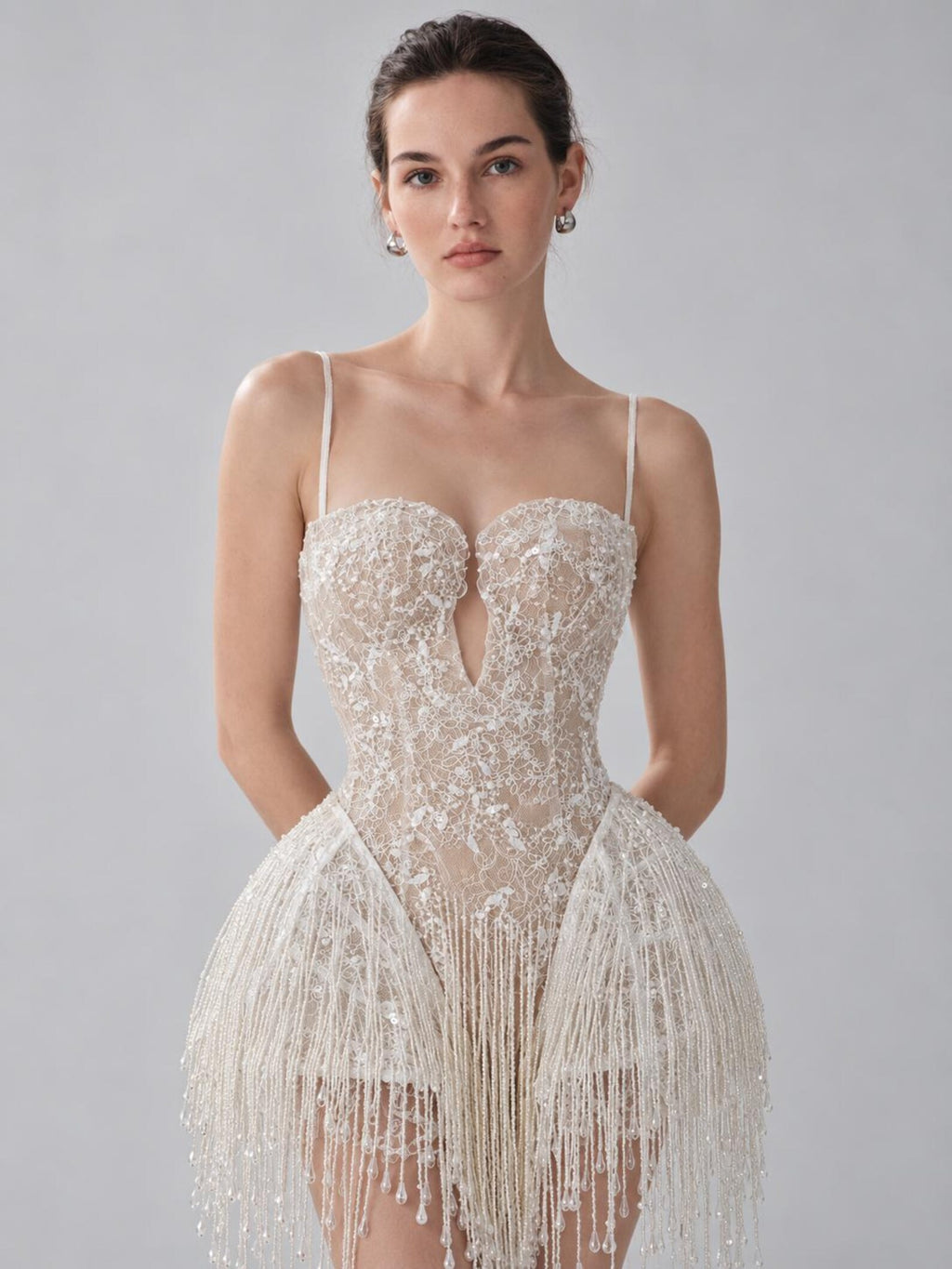 White Beaded Fringe Mini Wedding Dress, Spaghetti Strap Illusion Lace Bridal Reception Dress, Deep V Short Wedding Gown