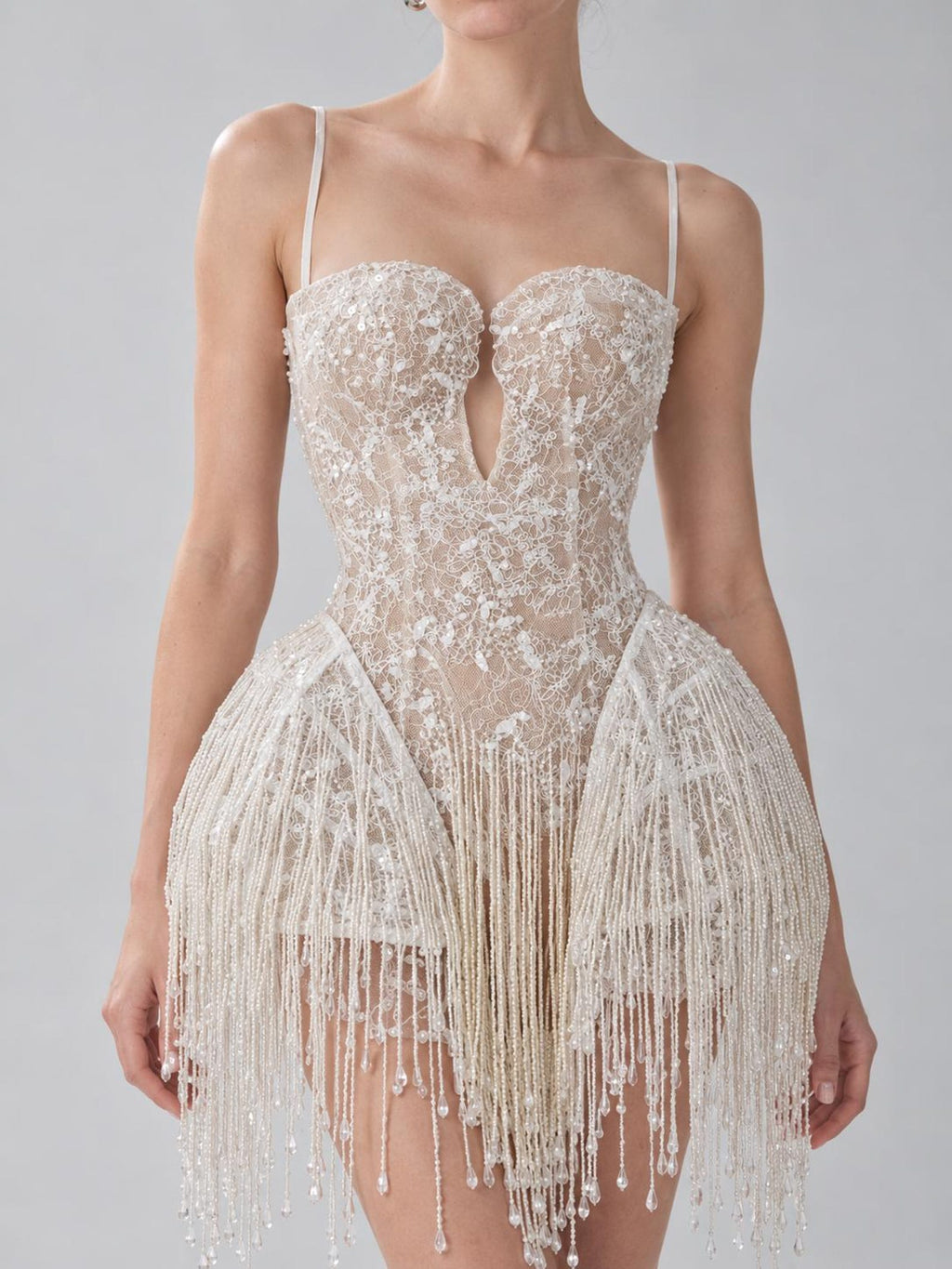 White Beaded Fringe Mini Wedding Dress, Spaghetti Strap Illusion Lace Bridal Reception Dress, Deep V Short Wedding Gown