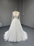 Long Sleeve Lace Wedding Dress, Illusion Neck 3D Floral Tulle Ballgown, Romantic Bridal Gown with Chapel Train