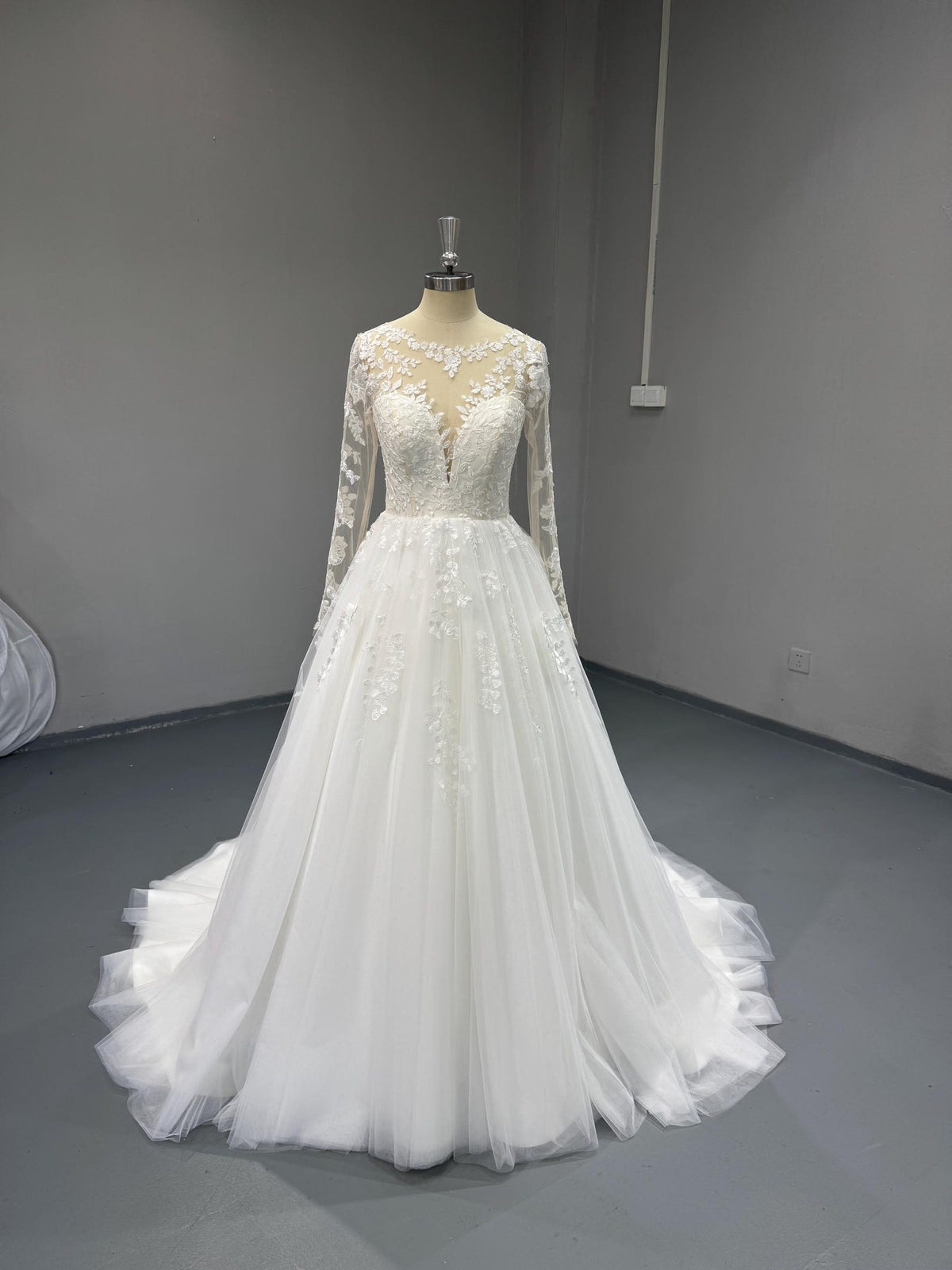 Long Sleeve Lace Wedding Dress, Illusion Neck 3D Floral Tulle Ballgown, Romantic Bridal Gown with Chapel Train