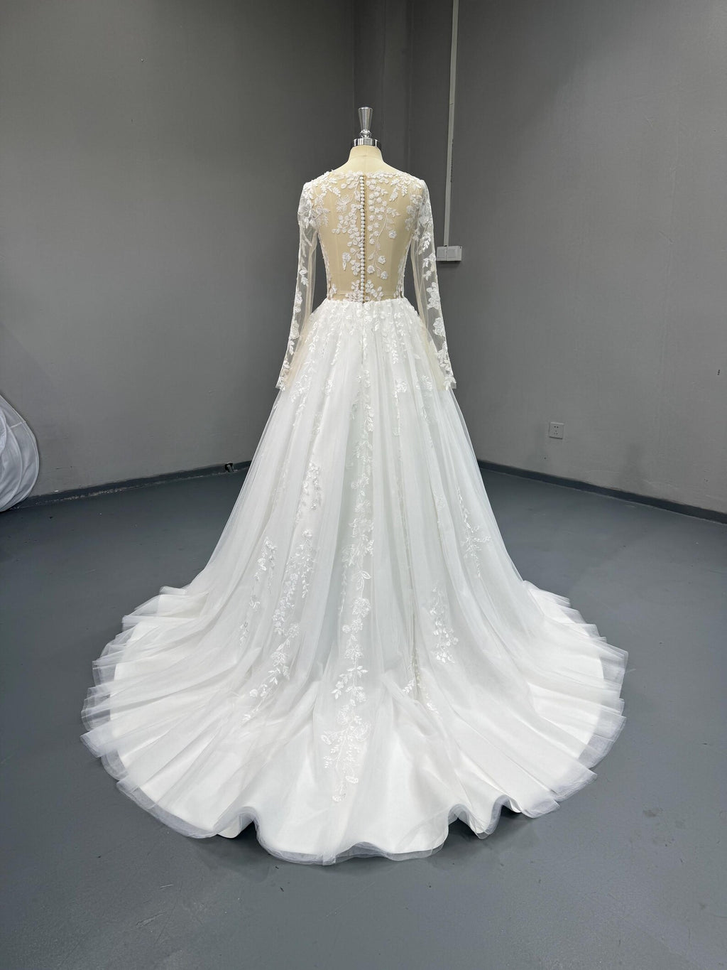 Long Sleeve Lace Wedding Dress, Illusion Neck 3D Floral Tulle Ballgown, Romantic Bridal Gown with Chapel Train