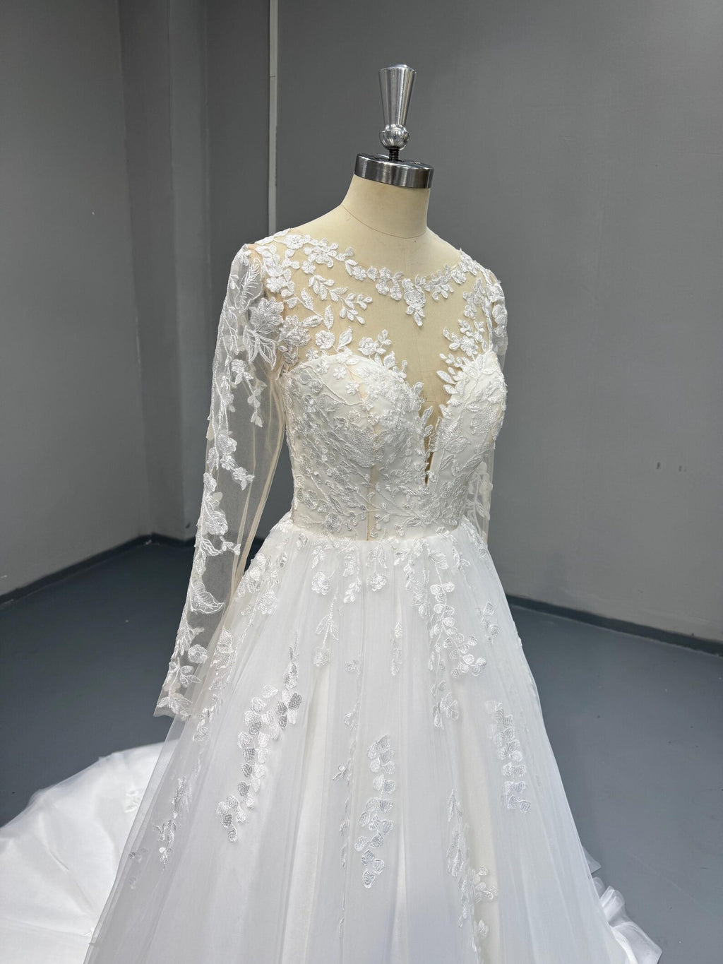 Long Sleeve Lace Wedding Dress, Illusion Neck 3D Floral Tulle Ballgown, Romantic Bridal Gown with Chapel Train