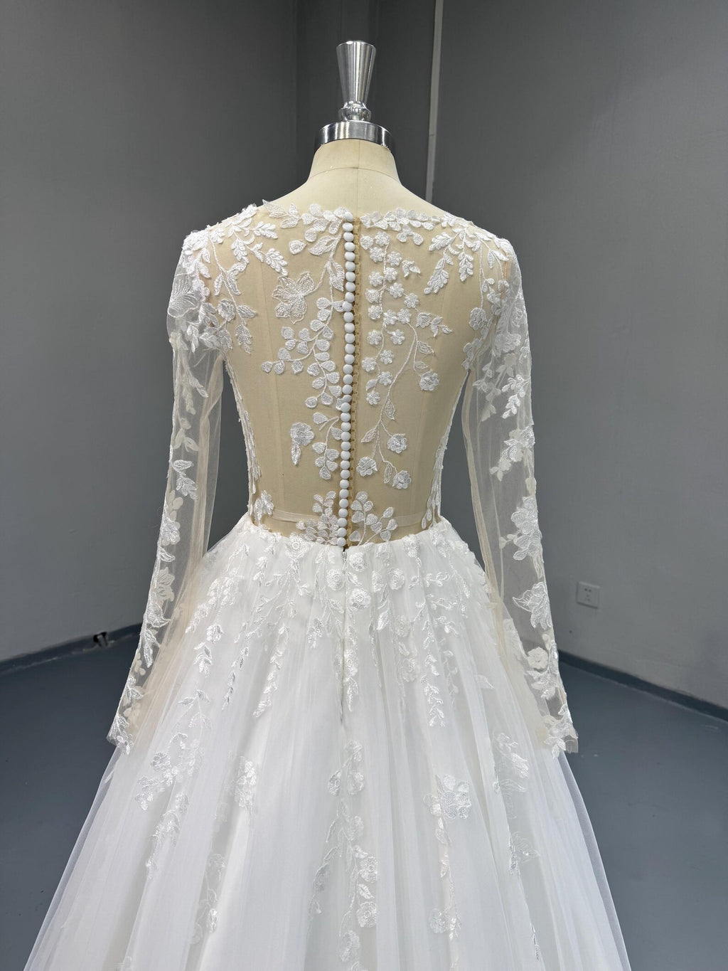Long Sleeve Lace Wedding Dress, Illusion Neck 3D Floral Tulle Ballgown, Romantic Bridal Gown with Chapel Train