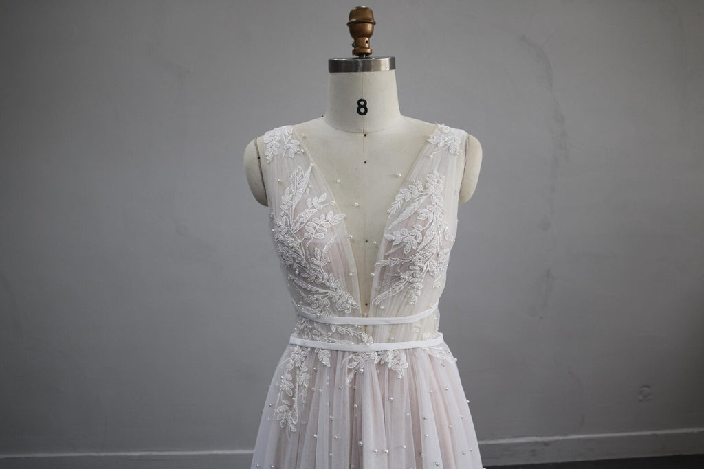 Deep V Lace Tulle Wedding Dress, Sleeveless A-line Bridal Gown with Pearl Beading, Ivory Flowy Wedding Dress with Train